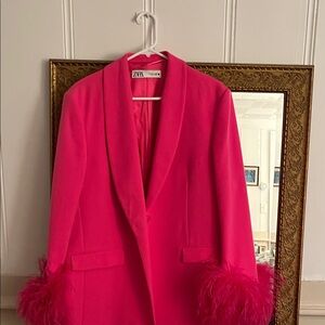 Zara Women's Vibrant Pink Blazer with Feather Cuffs